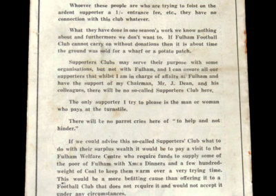 Fulham v Stoke City 26.11.1932 supporters club not wanted at fulham!