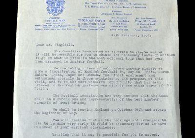 Islington Corinthians invitation letter to Ted Wingfield 19.02.1937