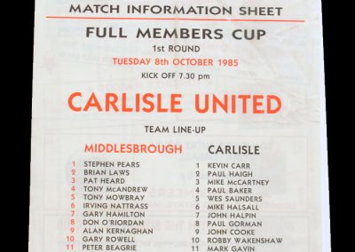 Middlesbrough v Carlisle 08.10.1985 - English Full Membership Cup 1st Round 2ng Leg
