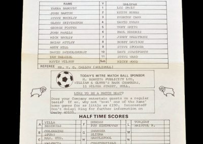 Derby v Halifax 15.09.1982 - League Cup 1st Round 2nd Leg (Team Sheet)